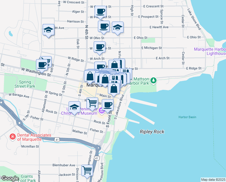 map of restaurants, bars, coffee shops, grocery stores, and more near 100 North Front Street in Marquette