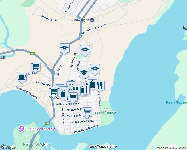 map of restaurants, bars, coffee shops, grocery stores, and more near 153 8e rue de la Pointe in Shawinigan