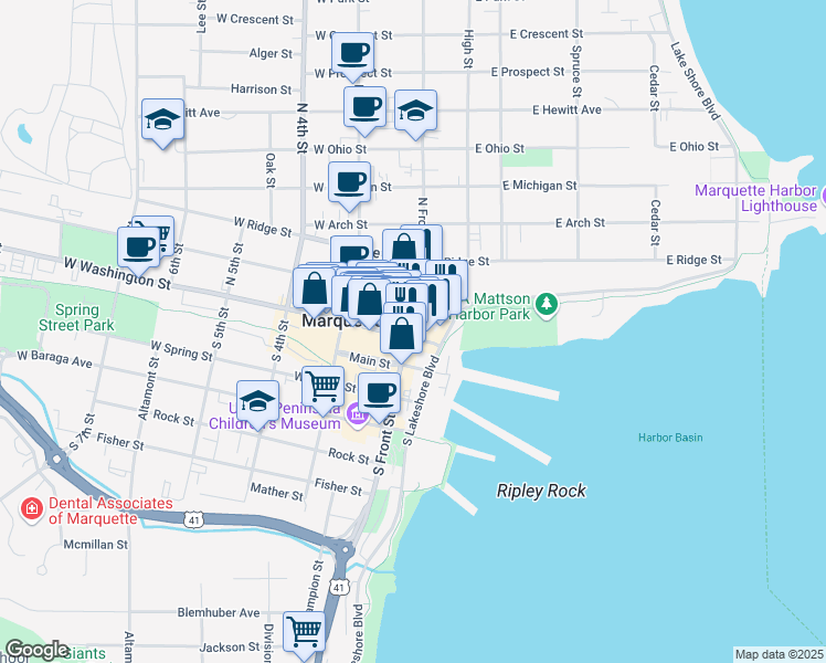 map of restaurants, bars, coffee shops, grocery stores, and more near 100 N Front St in Marquette