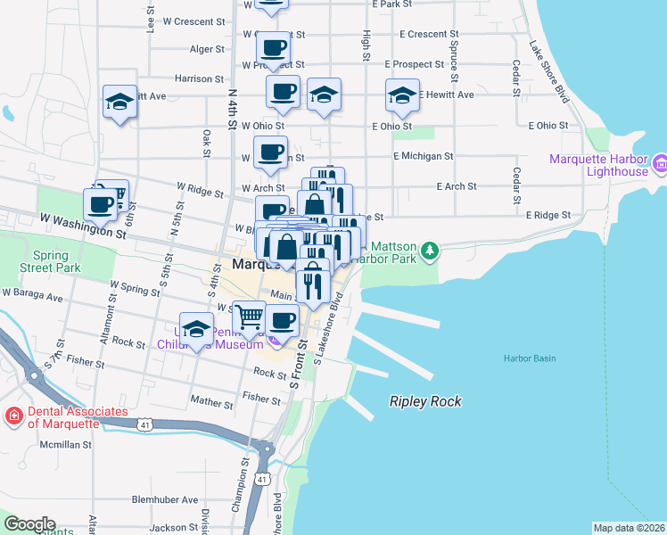 map of restaurants, bars, coffee shops, grocery stores, and more near 107 N Lakeshore Blvd in Marquette Township
