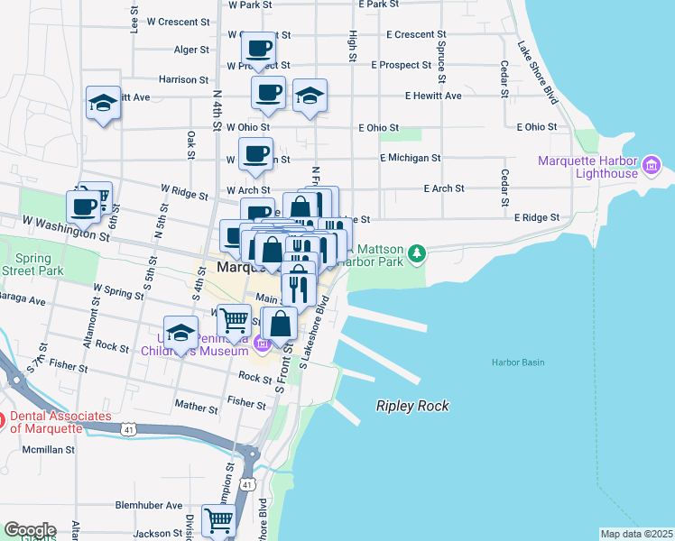 map of restaurants, bars, coffee shops, grocery stores, and more near 107 N Lakeshore Blvd in Marquette Township
