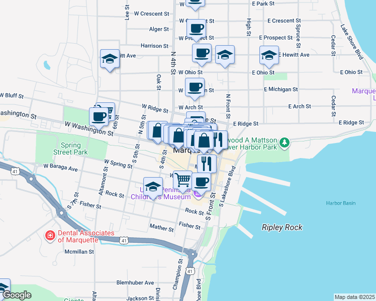 map of restaurants, bars, coffee shops, grocery stores, and more near in Marquette