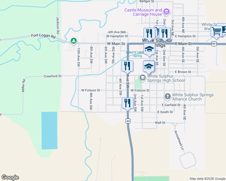 map of restaurants, bars, coffee shops, grocery stores, and more near West Folsom Street in White Sulphur Springs