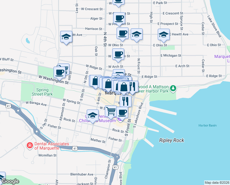 map of restaurants, bars, coffee shops, grocery stores, and more near 204 West Washington Street in Marquette