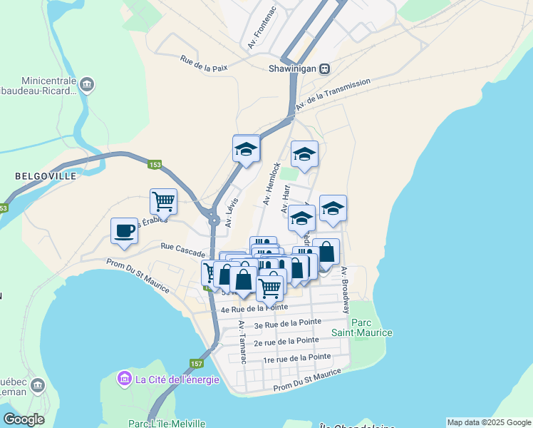 map of restaurants, bars, coffee shops, grocery stores, and more near 904 Avenue Hemlock in Shawinigan