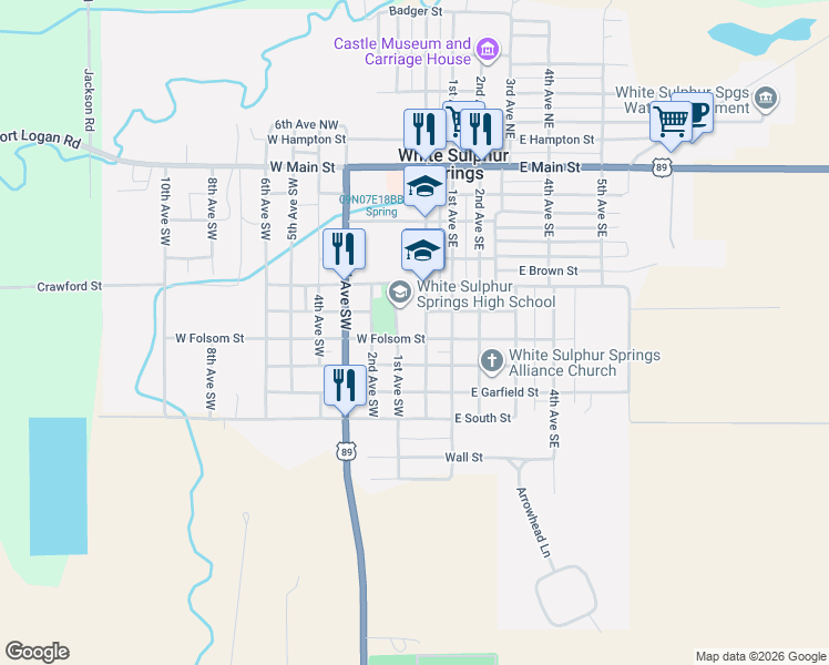 map of restaurants, bars, coffee shops, grocery stores, and more near West Folsom Street in White Sulphur Springs