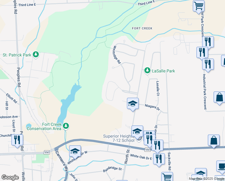 map of restaurants, bars, coffee shops, grocery stores, and more near 167 Fort Creek Drive in Sault Ste. Marie