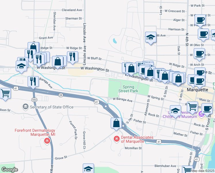 map of restaurants, bars, coffee shops, grocery stores, and more near 200-298 West Michigan Street in Marquette