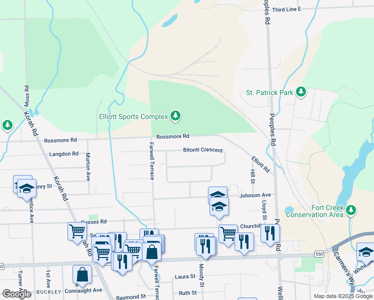 map of restaurants, bars, coffee shops, grocery stores, and more near Bitonti Crescent in Sault Ste. Marie