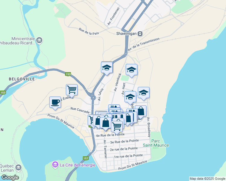 map of restaurants, bars, coffee shops, grocery stores, and more near 904 Avenue Hemlock in Shawinigan