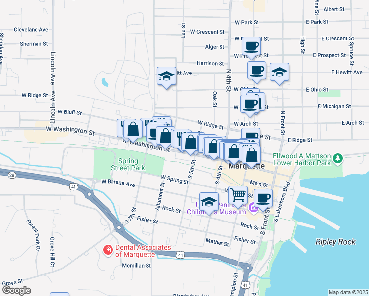map of restaurants, bars, coffee shops, grocery stores, and more near 412 West Washington Street in Marquette