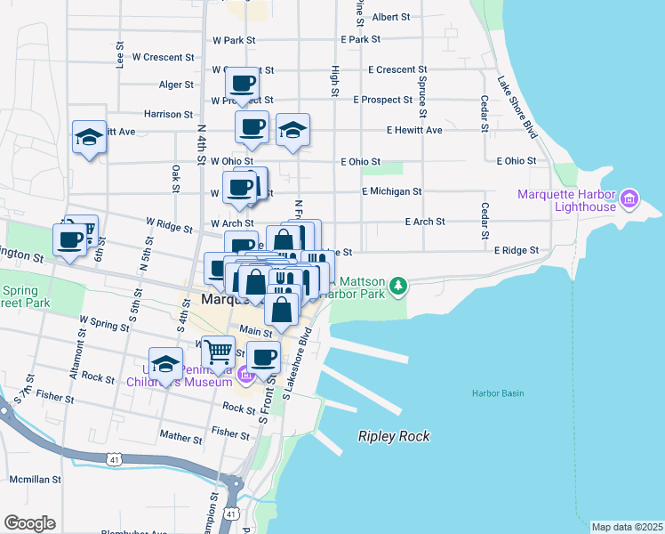 map of restaurants, bars, coffee shops, grocery stores, and more near 224 East Ridge Street in Marquette