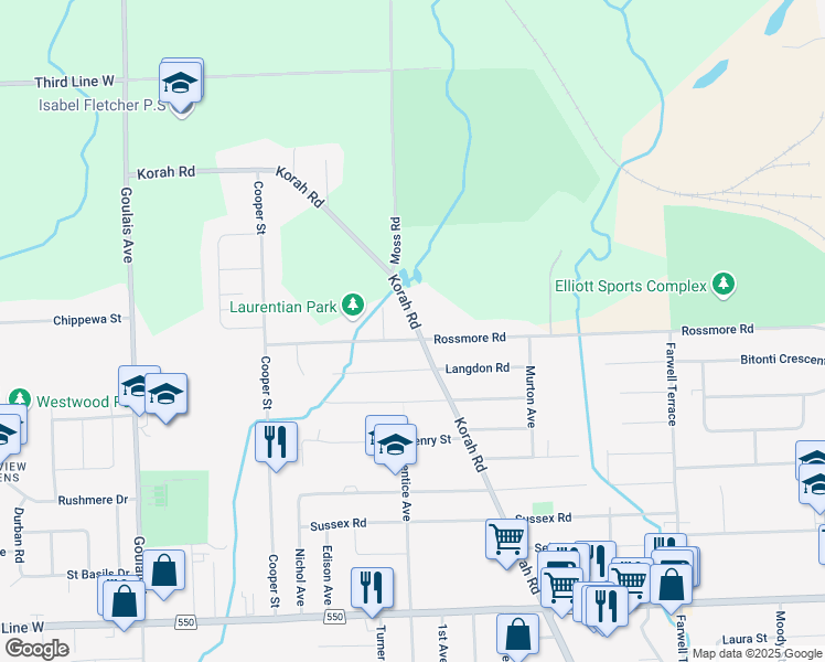 map of restaurants, bars, coffee shops, grocery stores, and more near 300 Rossmore Road in Sault Ste. Marie