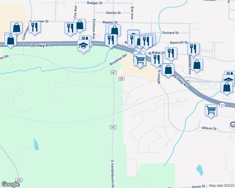 map of restaurants, bars, coffee shops, grocery stores, and more near Whetstone Road in Marquette