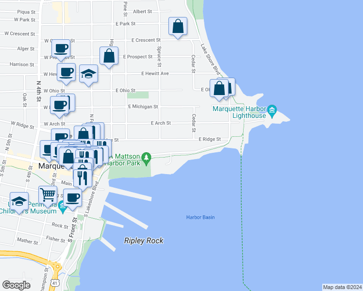 map of restaurants, bars, coffee shops, grocery stores, and more near 450 East Ridge Street in Marquette