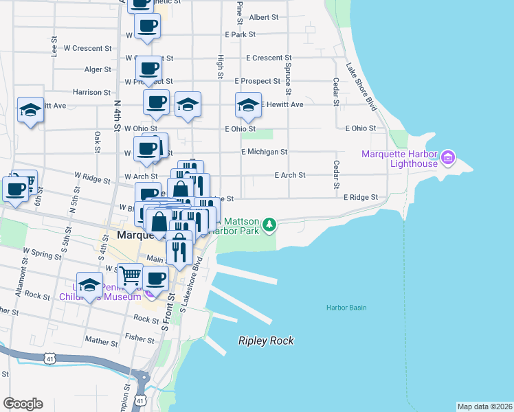 map of restaurants, bars, coffee shops, grocery stores, and more near 322 East Ridge Street in Marquette
