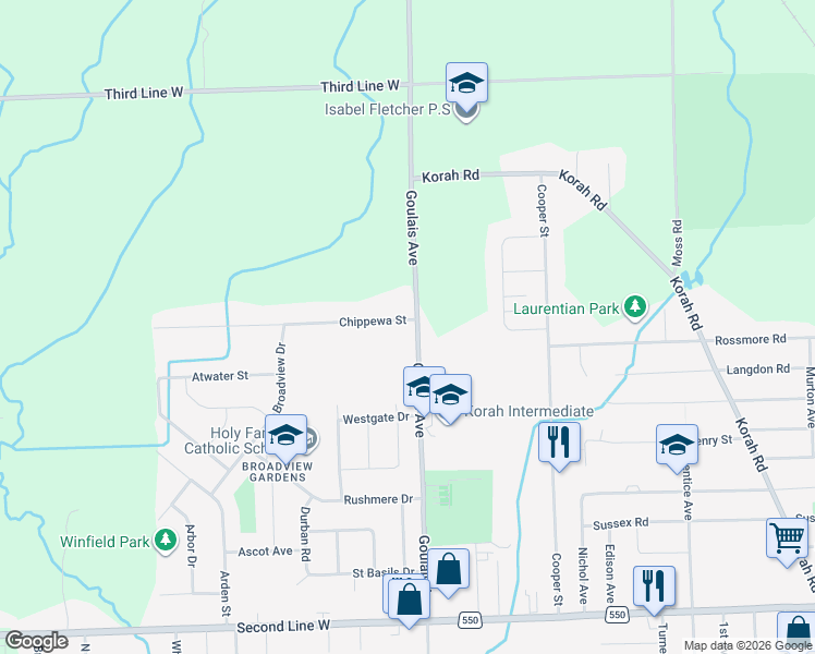 map of restaurants, bars, coffee shops, grocery stores, and more near 27 Chippewa Street in Sault Ste. Marie