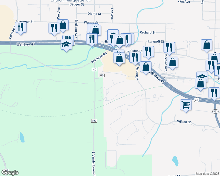 map of restaurants, bars, coffee shops, grocery stores, and more near 300 Whetstone Road in Marquette