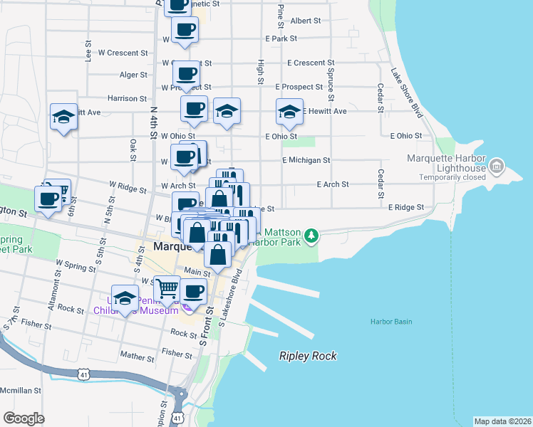 map of restaurants, bars, coffee shops, grocery stores, and more near 224 East Ridge Street in Marquette