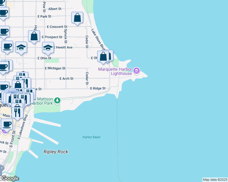 map of restaurants, bars, coffee shops, grocery stores, and more near 294 North Lakeshore Boulevard in Marquette