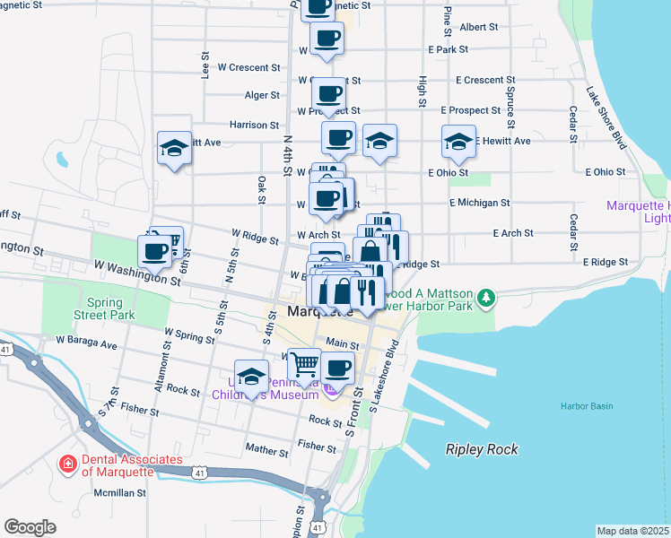 map of restaurants, bars, coffee shops, grocery stores, and more near 216 North 3rd Street in Marquette