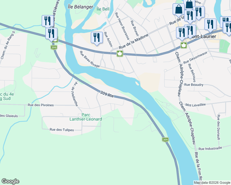 map of restaurants, bars, coffee shops, grocery stores, and more near 2396 Chemin de la Lièvre Sud in Mont-Laurier