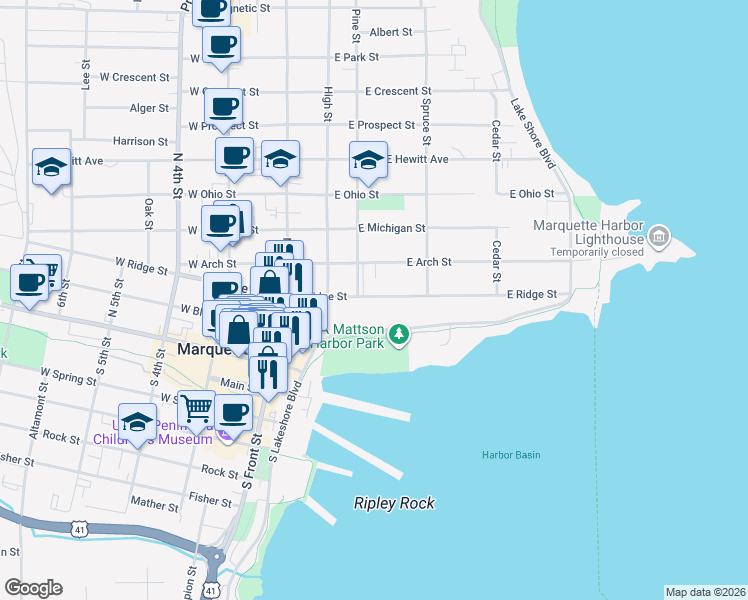 map of restaurants, bars, coffee shops, grocery stores, and more near 322 East Ridge Street in Marquette