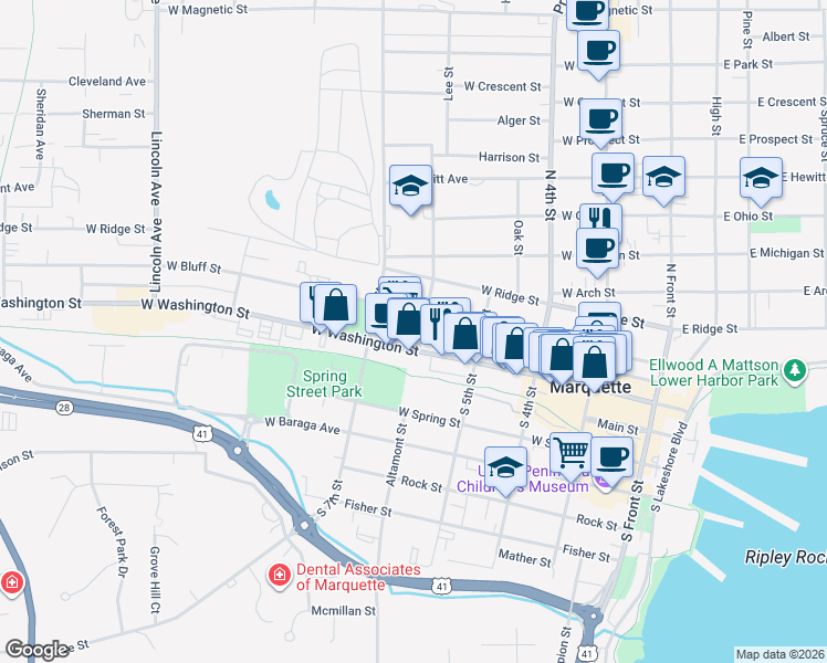 map of restaurants, bars, coffee shops, grocery stores, and more near 117 6th Street in Marquette