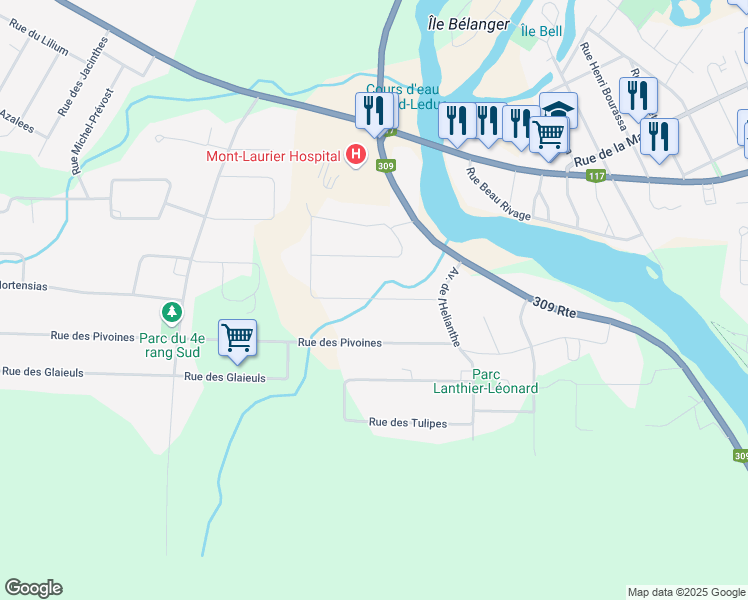 map of restaurants, bars, coffee shops, grocery stores, and more near Rue des Orchidées in Mont-Laurier