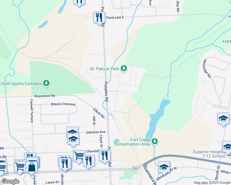 map of restaurants, bars, coffee shops, grocery stores, and more near 28 Penno Road in Sault Ste. Marie