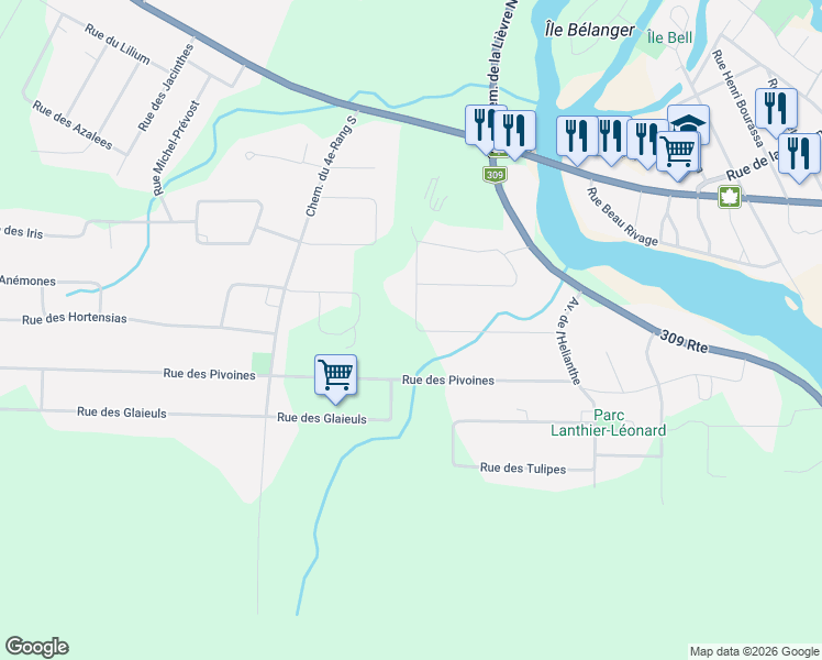 map of restaurants, bars, coffee shops, grocery stores, and more near Rue des Orchidées in Mont-Laurier