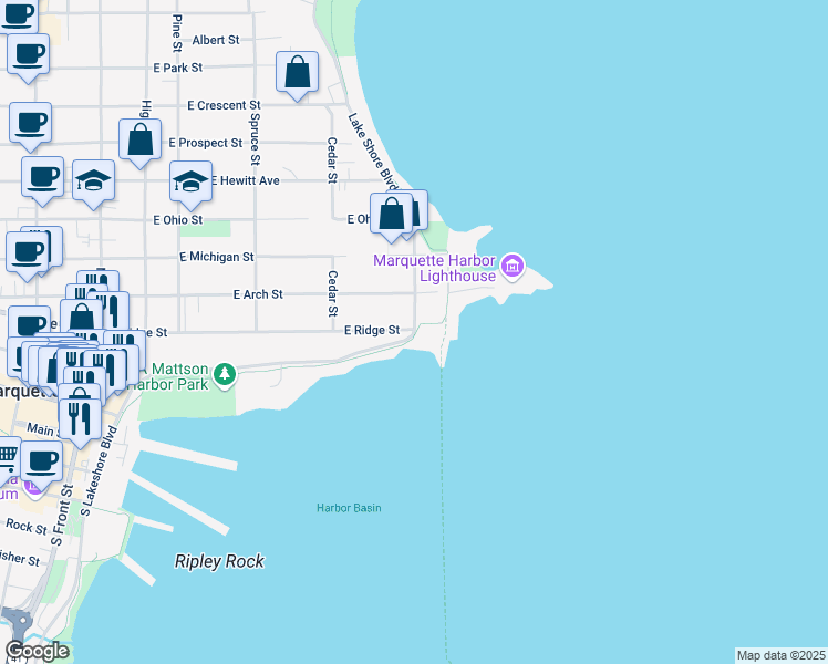 map of restaurants, bars, coffee shops, grocery stores, and more near 294 North Lakeshore Boulevard in Marquette