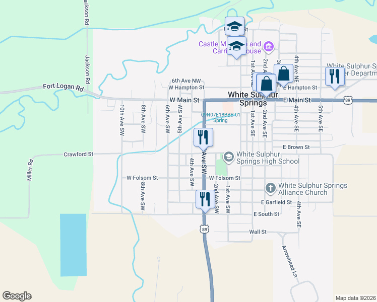 map of restaurants, bars, coffee shops, grocery stores, and more near 301-311 SW Crawford St in White Sulphur Springs