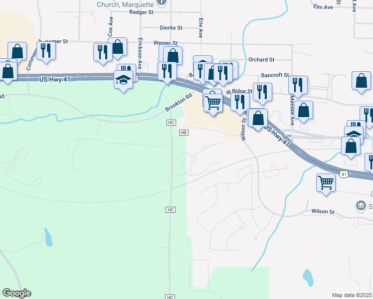 map of restaurants, bars, coffee shops, grocery stores, and more near 200 Whetstone Road in Marquette