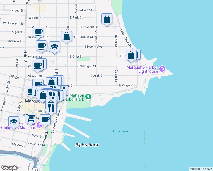 map of restaurants, bars, coffee shops, grocery stores, and more near 450 East Ridge Street in Marquette