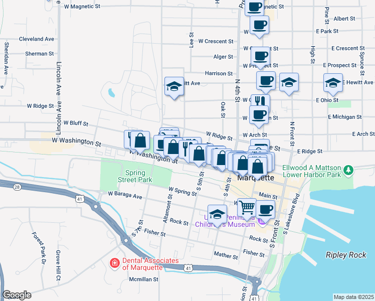 map of restaurants, bars, coffee shops, grocery stores, and more near 412 West Washington Street in Marquette