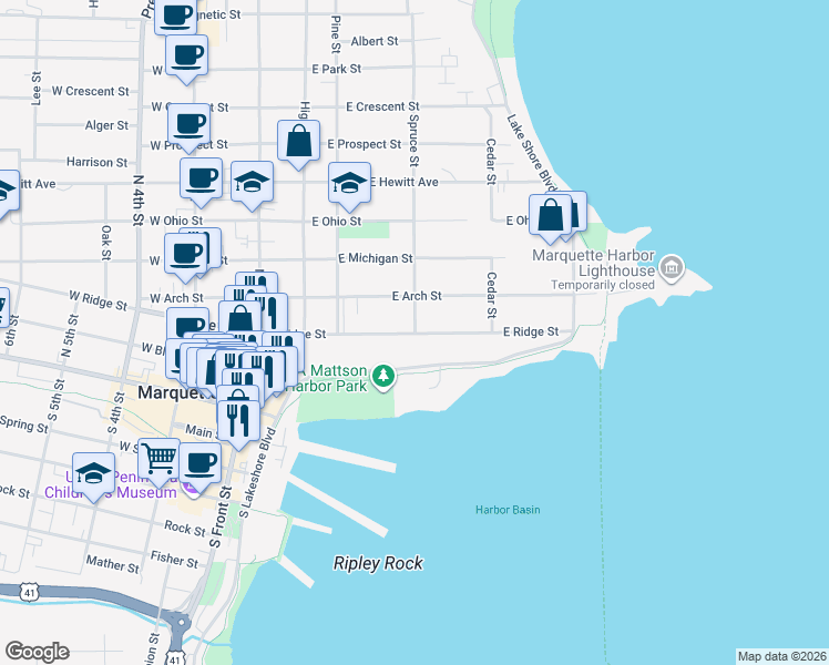 map of restaurants, bars, coffee shops, grocery stores, and more near 398 East Ridge Street in Marquette