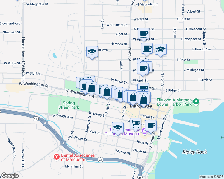 map of restaurants, bars, coffee shops, grocery stores, and more near 398 West Bluff Street in Marquette