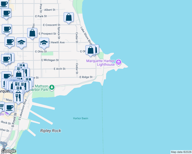 map of restaurants, bars, coffee shops, grocery stores, and more near 298 North Lakeshore Boulevard in Marquette