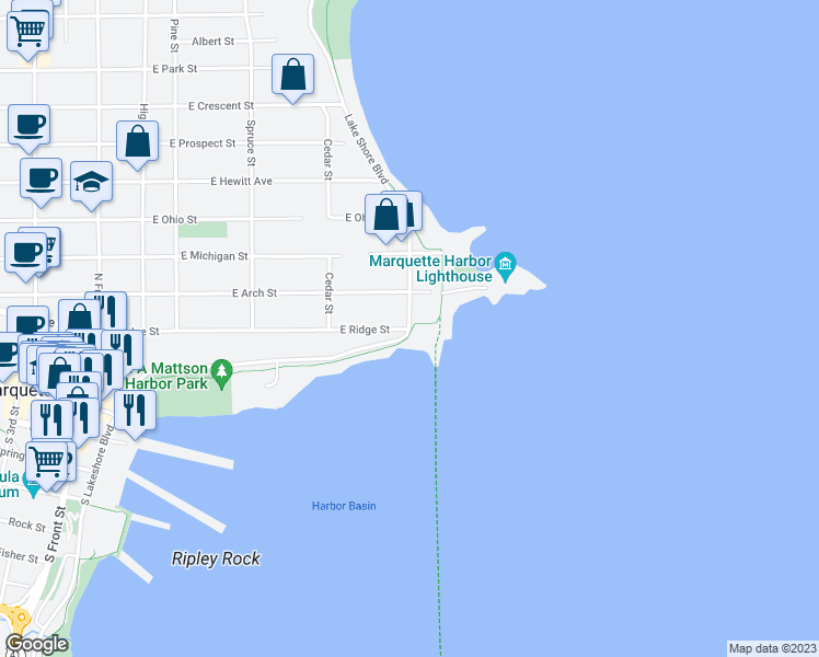 map of restaurants, bars, coffee shops, grocery stores, and more near 299 N Lakeshore Blvd in Marquette