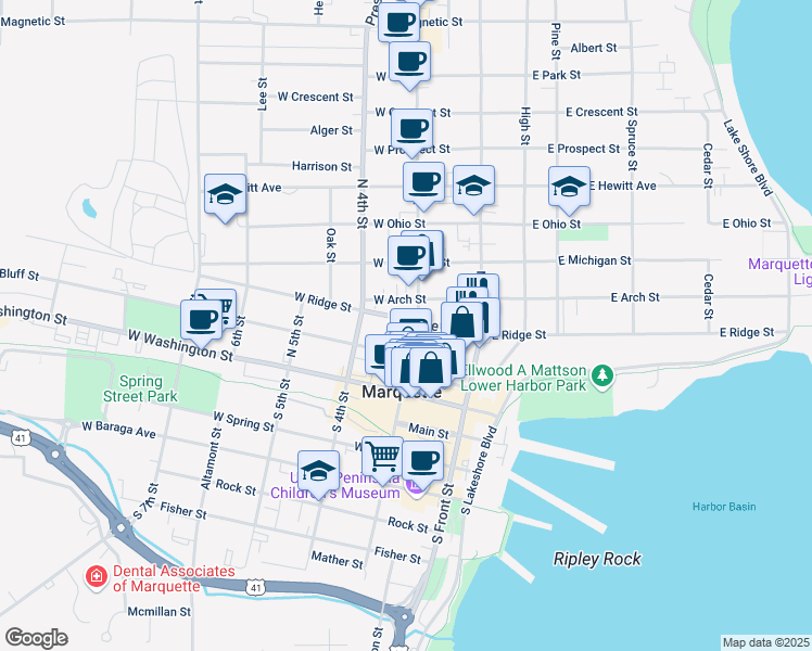 map of restaurants, bars, coffee shops, grocery stores, and more near 216 North 3rd Street in Marquette