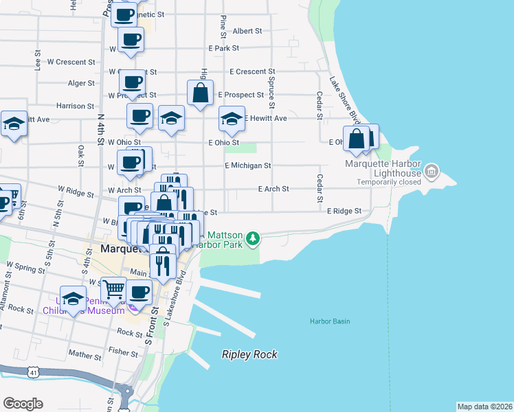 map of restaurants, bars, coffee shops, grocery stores, and more near 300-398 E Ridge St in Marquette