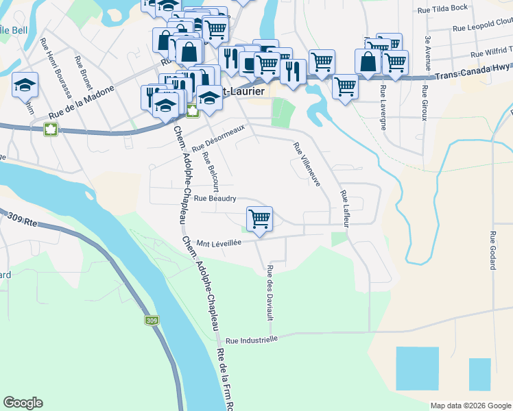 map of restaurants, bars, coffee shops, grocery stores, and more near 470 Rue Beaudry in Mont-Laurier