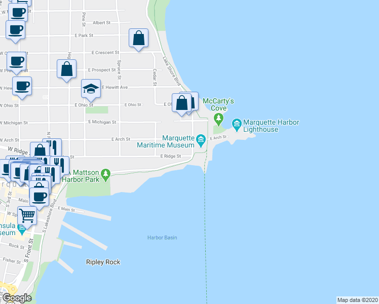 map of restaurants, bars, coffee shops, grocery stores, and more near 177-299 North Lakeshore Boulevard in Marquette