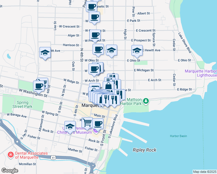 map of restaurants, bars, coffee shops, grocery stores, and more near 217 North Front Street in Marquette