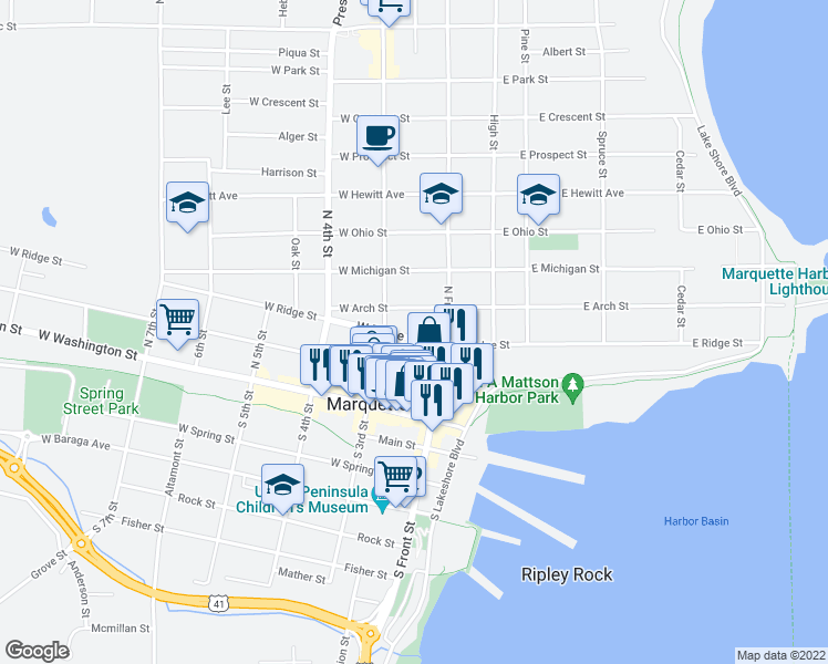 map of restaurants, bars, coffee shops, grocery stores, and more near 126 West Ridge Street in Marquette