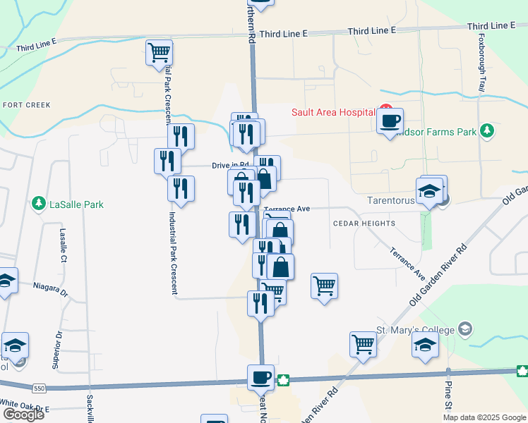 map of restaurants, bars, coffee shops, grocery stores, and more near 656 Great Northern Road in Sault Ste. Marie