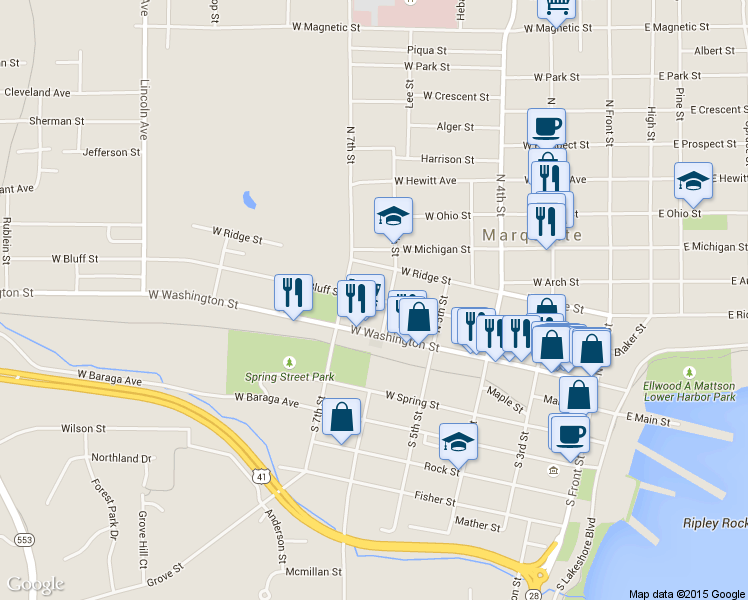 map of restaurants, bars, coffee shops, grocery stores, and more near 533 West Bluff Street in Marquette