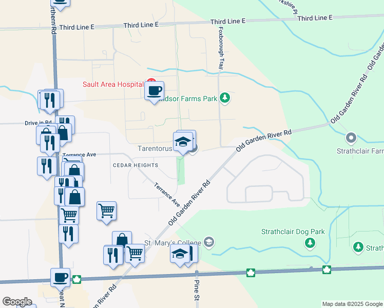 map of restaurants, bars, coffee shops, grocery stores, and more near 96 Northwood Street in Sault Ste. Marie