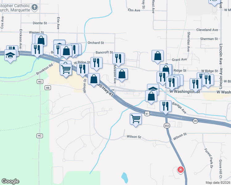 map of restaurants, bars, coffee shops, grocery stores, and more near 1502 West Washington Street in Marquette